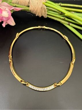 Unsigned Gold-tone Rhinestone Center Bar Link Necklace 42g.